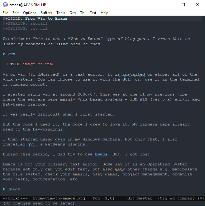 Screen capture of my emacs with this blog post draft