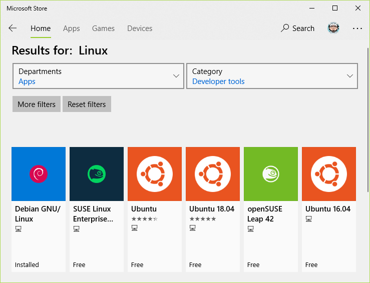 Microsoft Store with different Linux distros to choose from